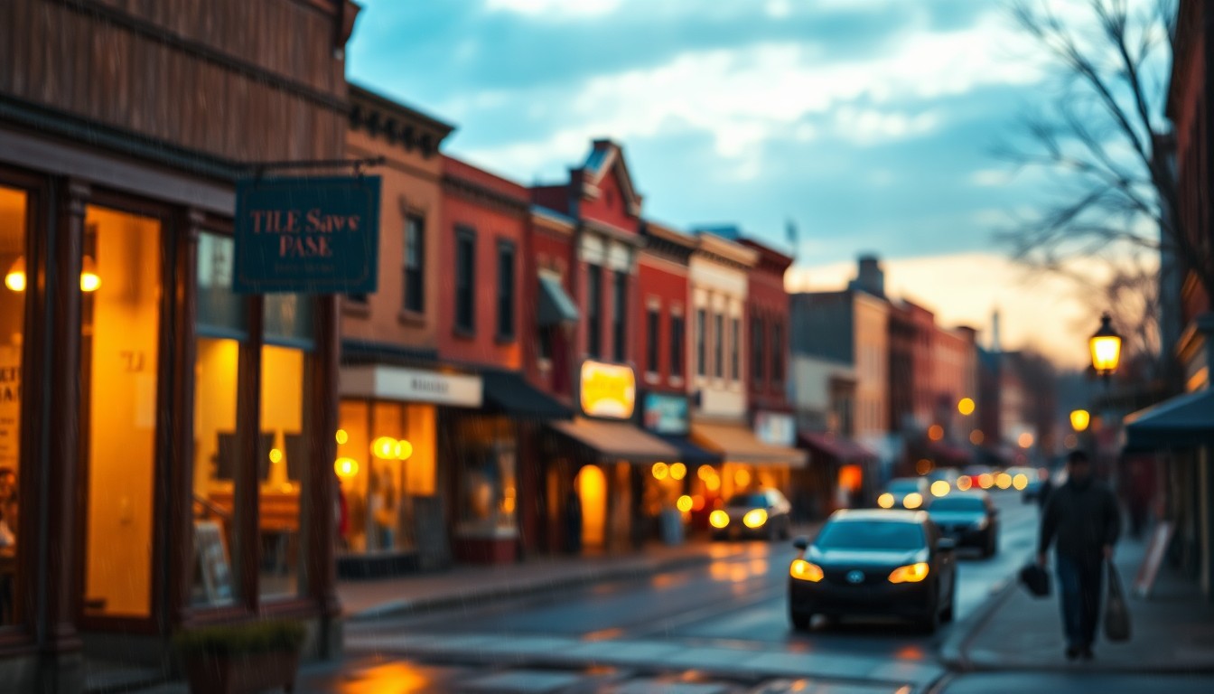 An abstract, impressionistic photograph of a small-town main street, with blurred storefronts and streetlights casting a warm, golden glow through the rain-streaked windows.