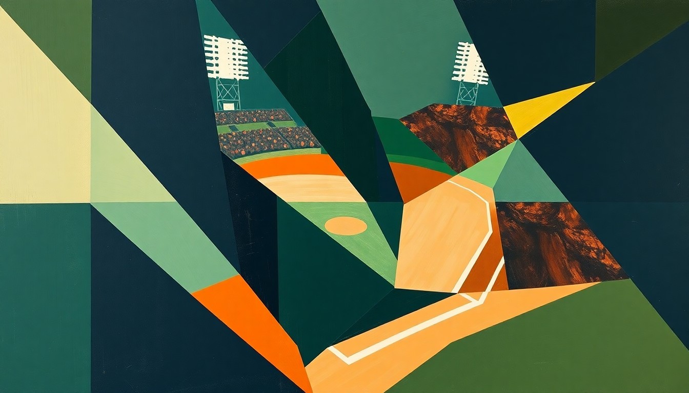 A fragmented, geometric painting in navy, green, and orange hues that visually captures the dynamic energy and competitive spirit of a college baseball matchup.