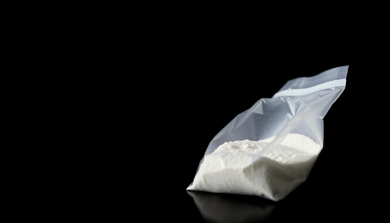 An extreme close-up photograph of a small plastic bag containing white powder, lit by a harsh, direct camera flash against a pitch-black background, conceptually representing the drug-related arrests in this report.