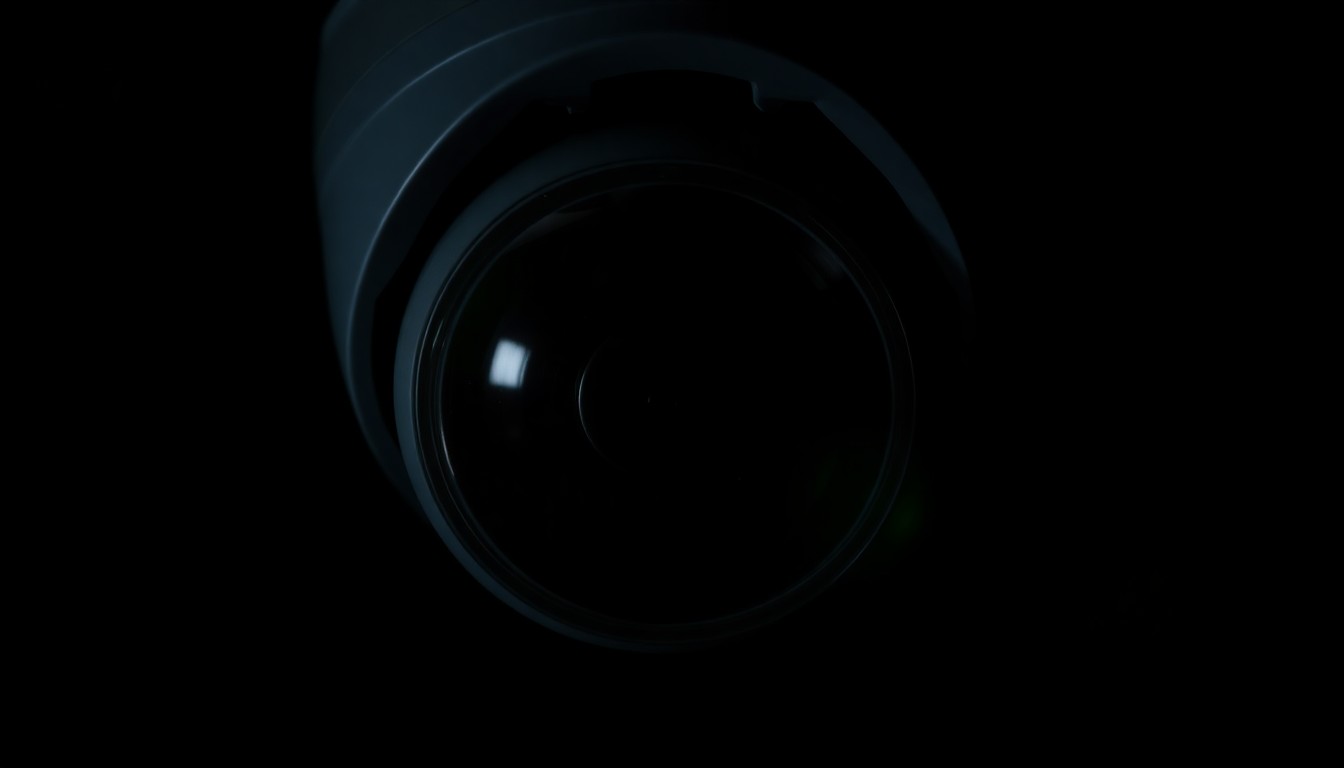 An extreme close-up of a home security camera lens reflecting a bright, harsh flash of light, conceptually representing the balance between public safety and privacy concerns.