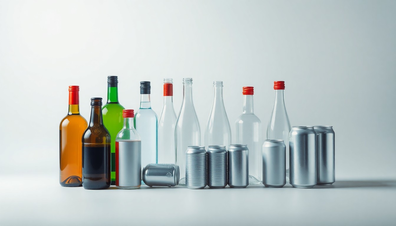 A high-end, photorealistic studio still-life photograph featuring a collection of premium glass bottles and aluminum cans arranged elegantly on a clean, monochromatic seamless background, conceptually representing the impact of corporate strategy and market forces on the beverage distribution industry.