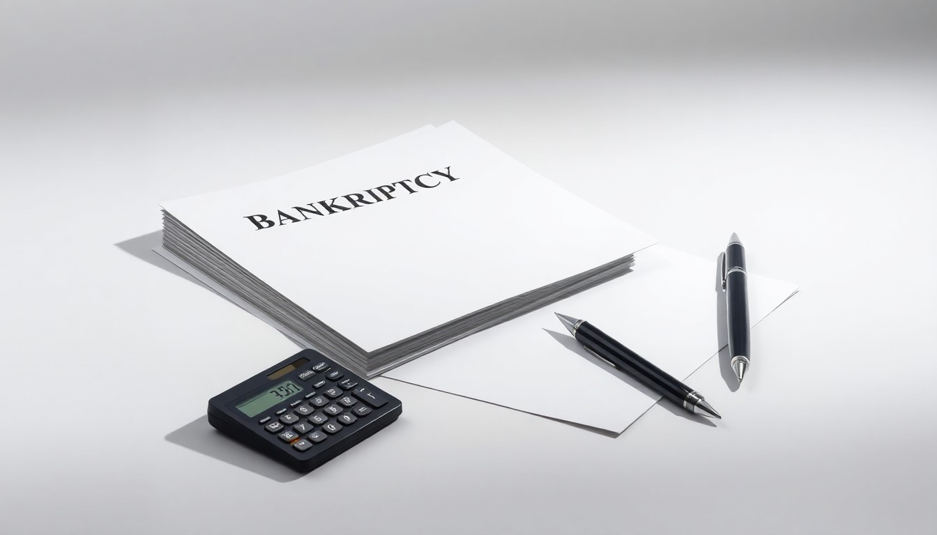 A photorealistic studio still life featuring a stack of legal documents, a calculator, and a pen arranged on a clean white background, conceptually representing the professional expertise and financial analysis involved in bankruptcy law services.