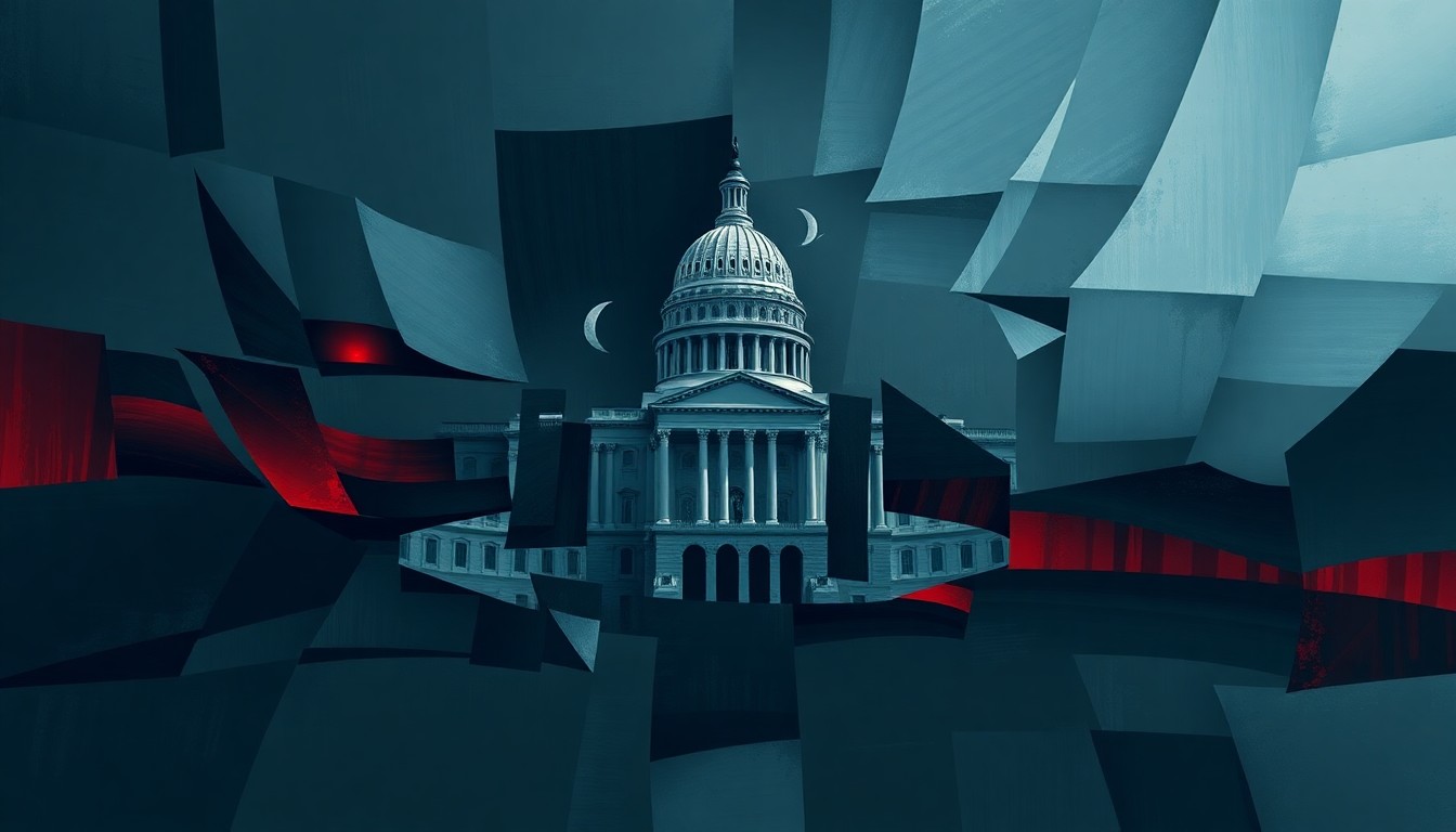 A dynamic, abstract painting featuring overlapping, fractured shapes in shades of blue, grey, and red, conveying a sense of political turmoil and security challenges.