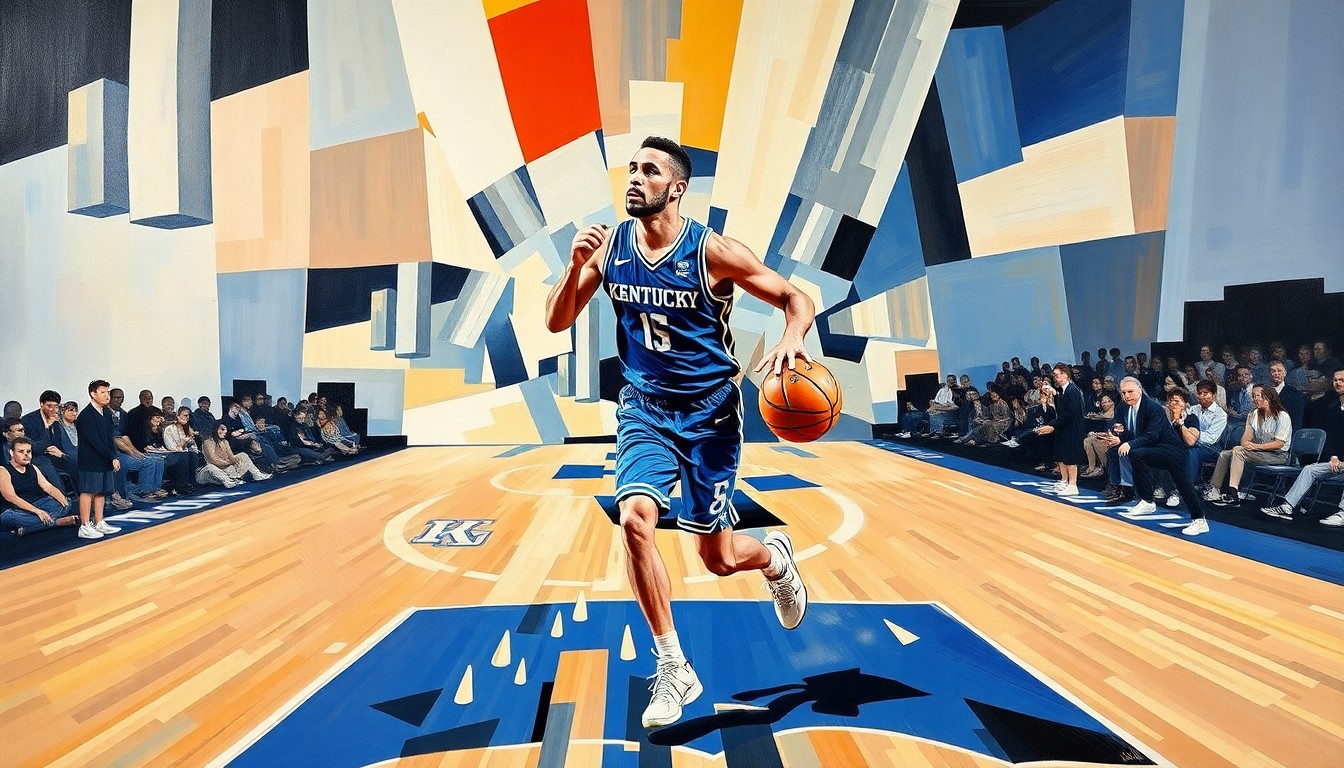 A cubist, geometric painting depicting a Kentucky basketball player in motion, with their body and movements fractured into overlapping planes of color and shape.