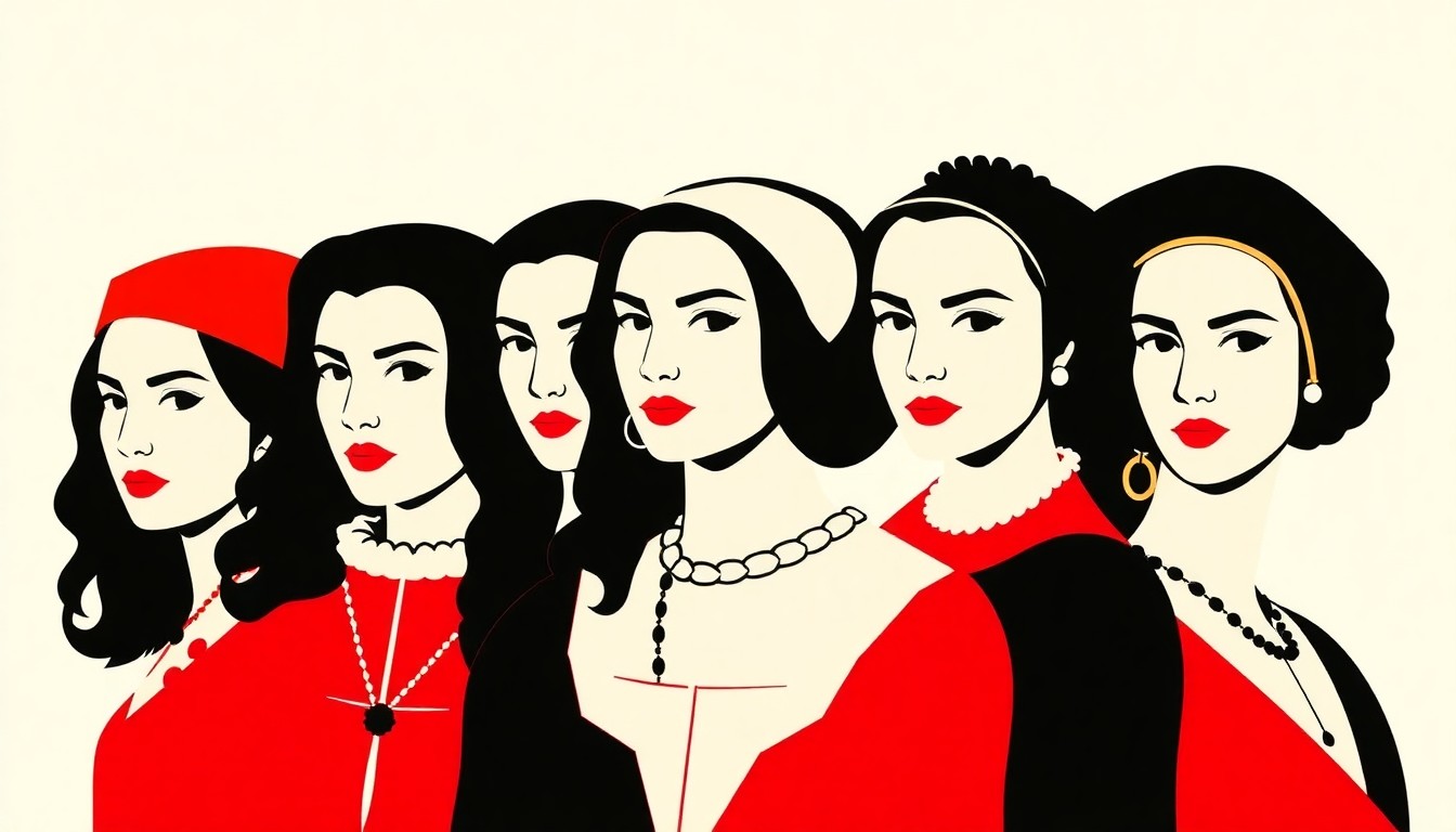An abstract, minimalist illustration featuring bold, jagged shapes in red, white, and black, conceptually representing the six wives of Henry VIII as modern pop stars.