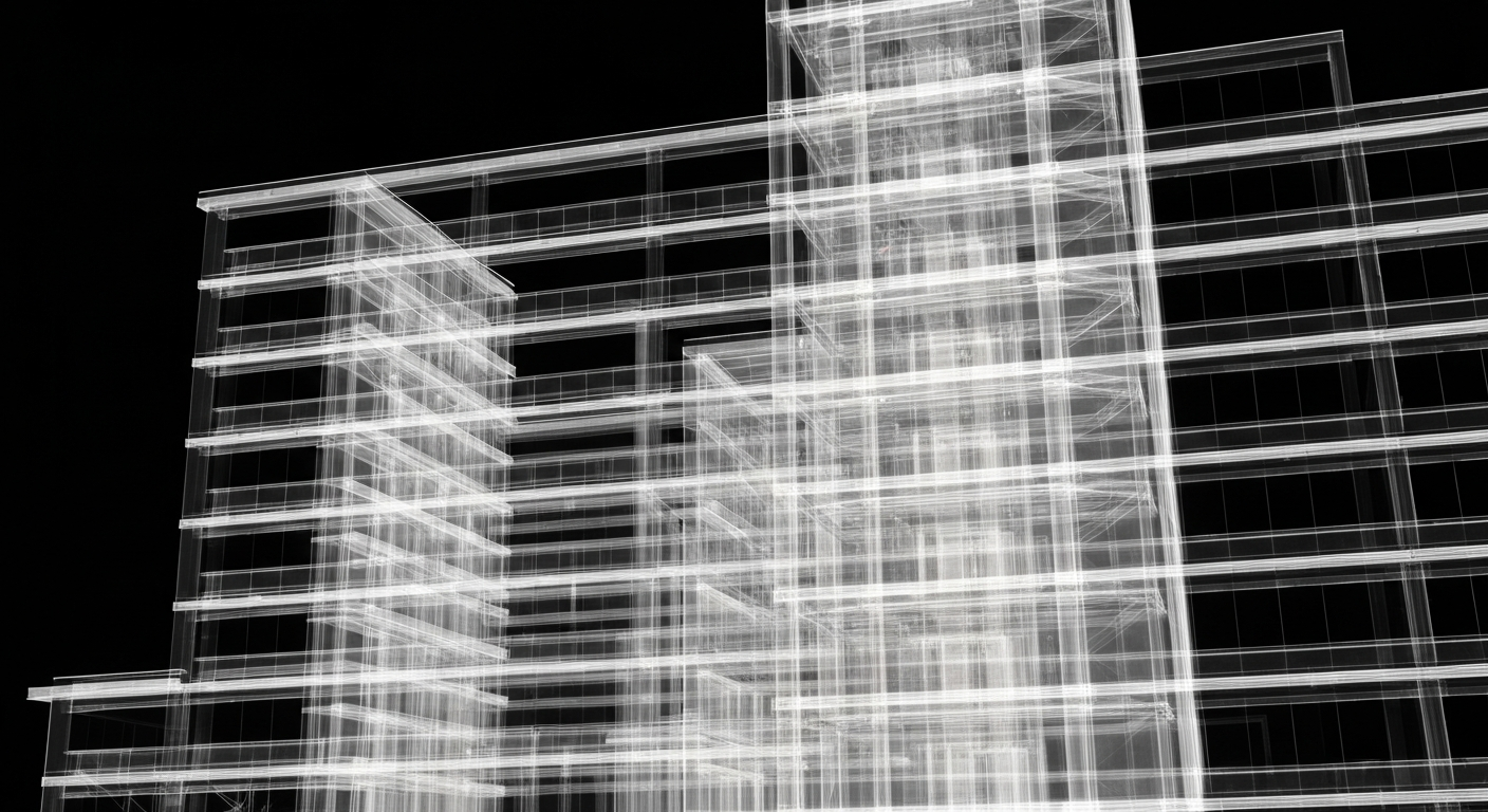 A ghostly, translucent X-ray image showing the intricate internal structure of a hospital building, conceptually illustrating the technical complexity of modern healthcare facilities.