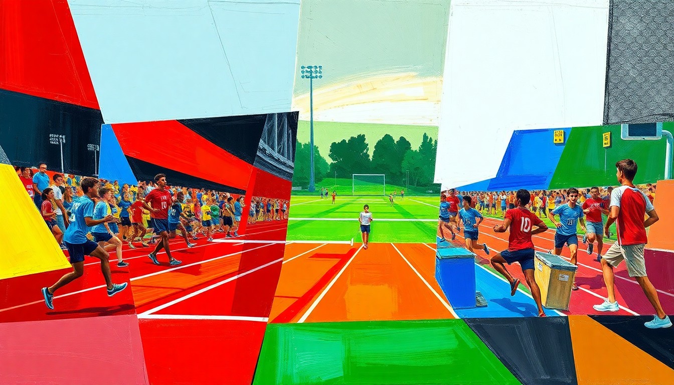 A fragmented, geometric painting in bold primary colors depicting the dynamic action of a track and field event.