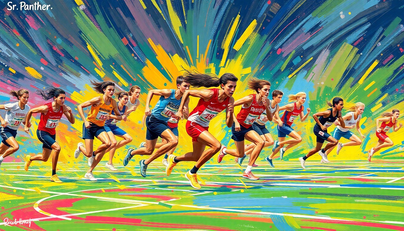An abstract, energetic painting featuring bold brushstrokes in neon shades of blue, green, and pink, capturing the dynamic motion and competitive spirit of high school track and field athletes.
