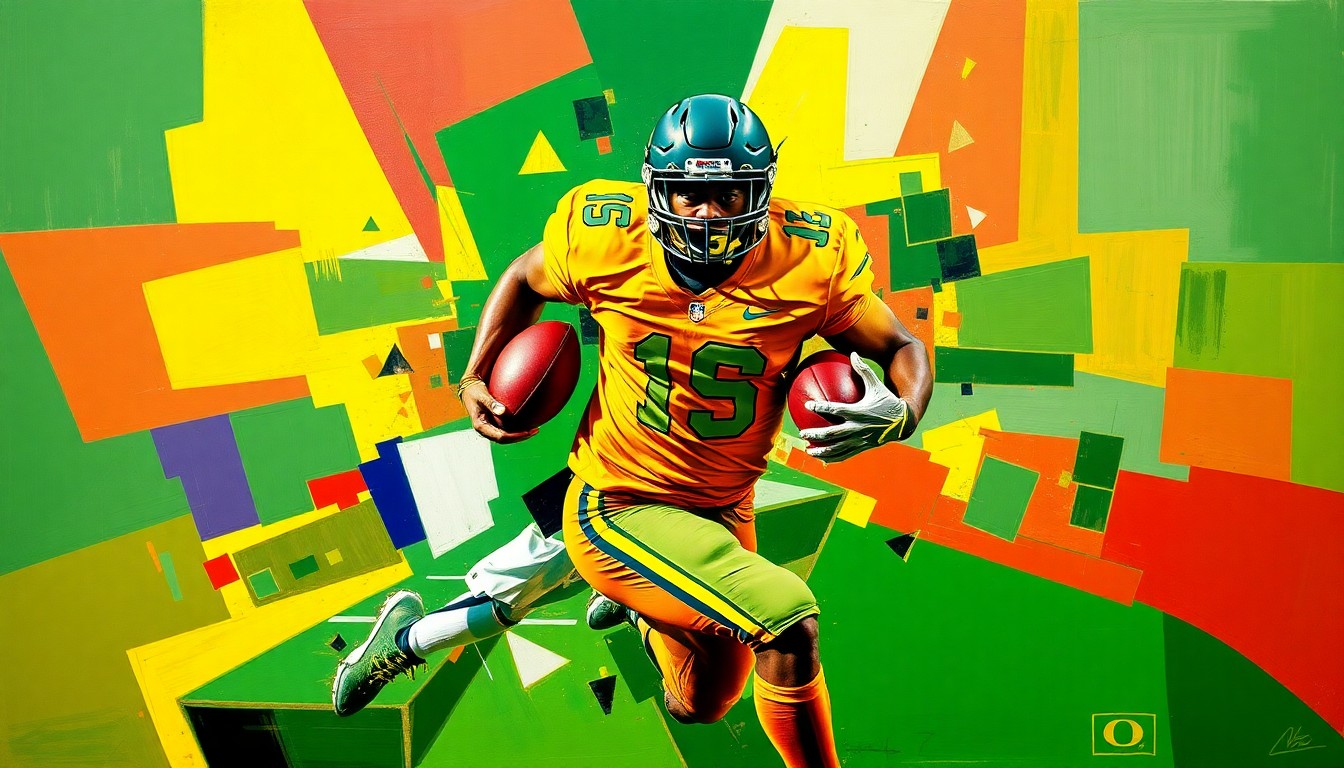 A cubist, geometric painting depicting a football player in mid-motion, with sharp, overlapping planes in the green and yellow colors of the University of Oregon.