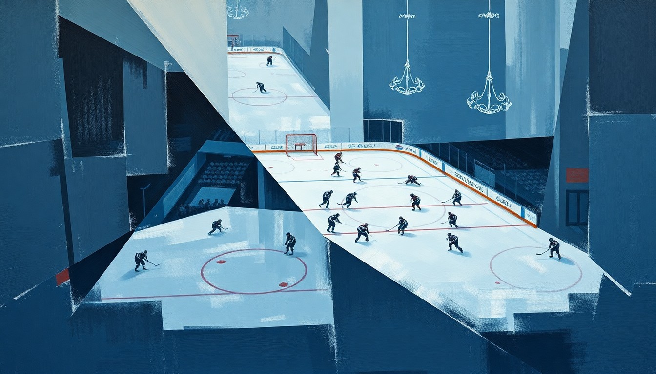 A fractured, cubist-style painting depicting a hockey game or match, with sharp geometric planes in muted tones of blue, gray, and white, hinting at the dynamic action and strategic play on the ice.