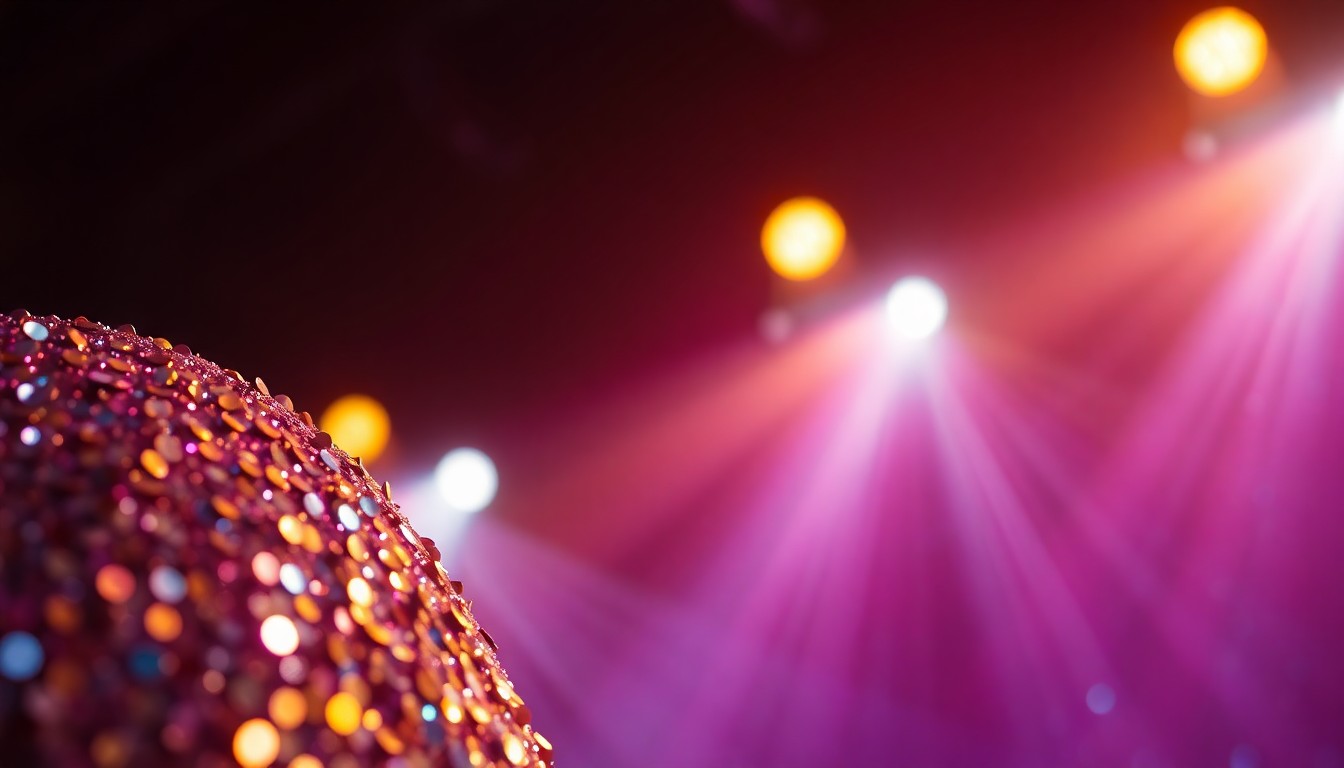 An extreme close-up photograph of shimmering, glittering sequins in a high-contrast, dramatic studio lighting setup, conceptually representing the glamour and energy of a music festival stage.