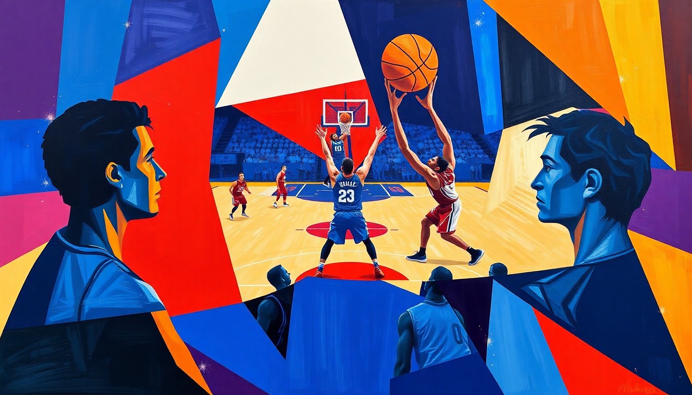 A cubist, geometric painting depicting the action of a college basketball game, with the players' figures broken down into abstract shapes and planes of vibrant colors.