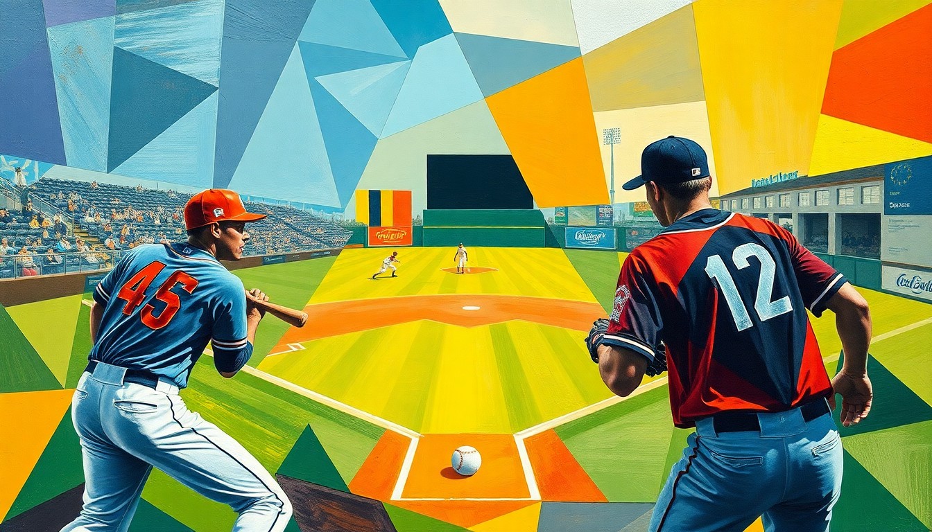 A cubist-style painting featuring fragmented, geometric shapes and planes of color representing the action of a college baseball game, with the players' forms and the ball and field elements abstracted into an angular, deconstructed visual style.