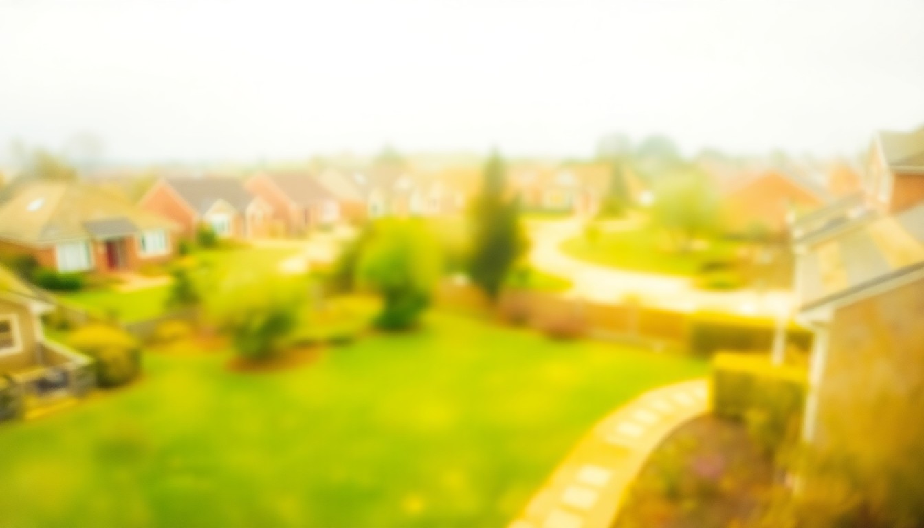 An abstract, impressionistic scene of a residential neighborhood with blurred, hazy outlines of homes and lush green lawns, conveying a sense of tranquility and the importance of water conservation.