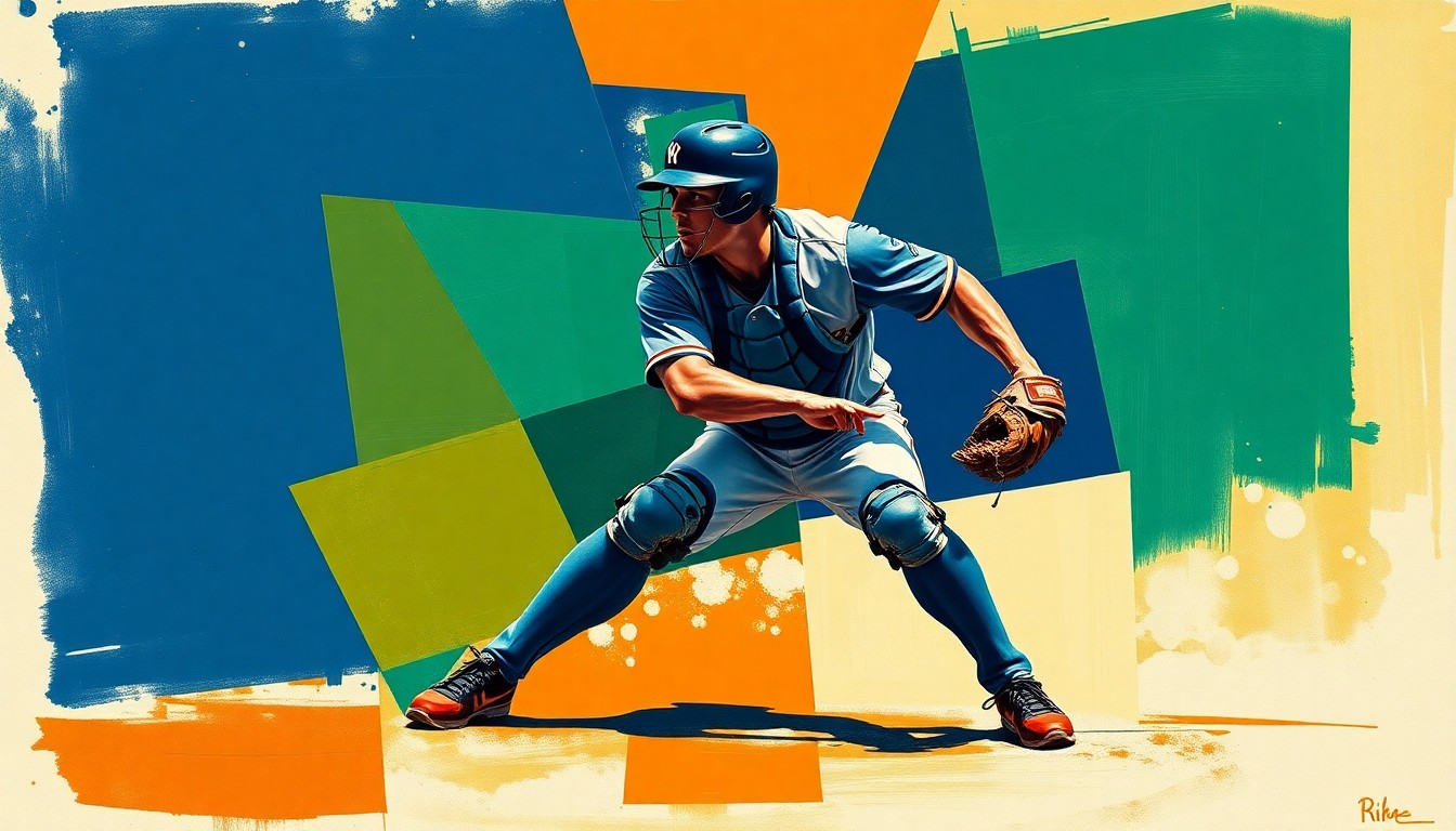 A fractured, geometric painting depicting a baseball catcher in mid-crouch, with sharp planes of navy, green, and orange intersecting to create a dynamic, abstract representation of the sport.