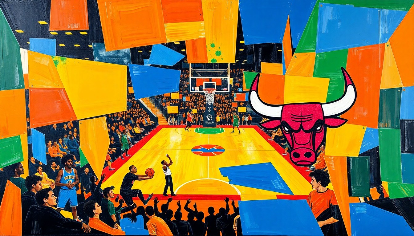 A fragmented, geometric painting depicting a basketball game, with overlapping planes of color representing the action on the court.