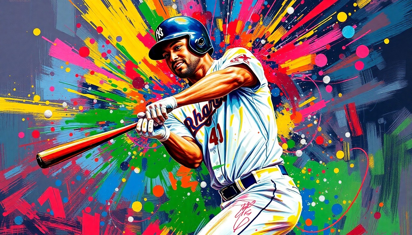An abstract, expressionist painting in neon colors depicting the dynamic motion of a baseball player hitting a double, with the player's features blurred into a vibrant, energetic composition.
