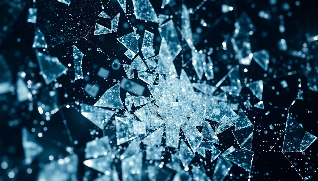 An extreme close-up of shattered glass and glittering shards in high-contrast studio lighting, conceptually representing the precision and emotional impact of expertly written science-fiction films.