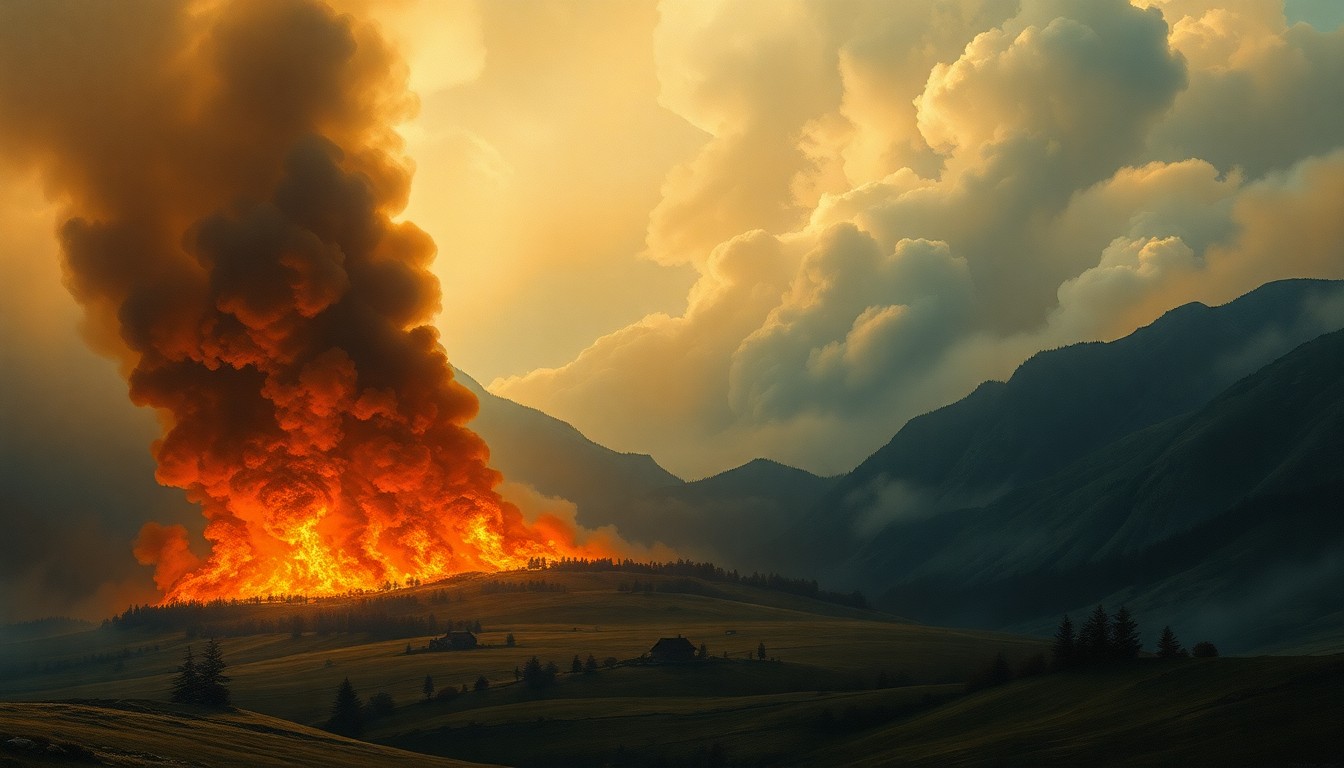 A dramatic landscape painting in the style of Caspar David Friedrich, depicting a small cluster of houses consumed by a massive wildfire, the flames and thick smoke dwarfed by the overwhelming scale of the natural world around them.