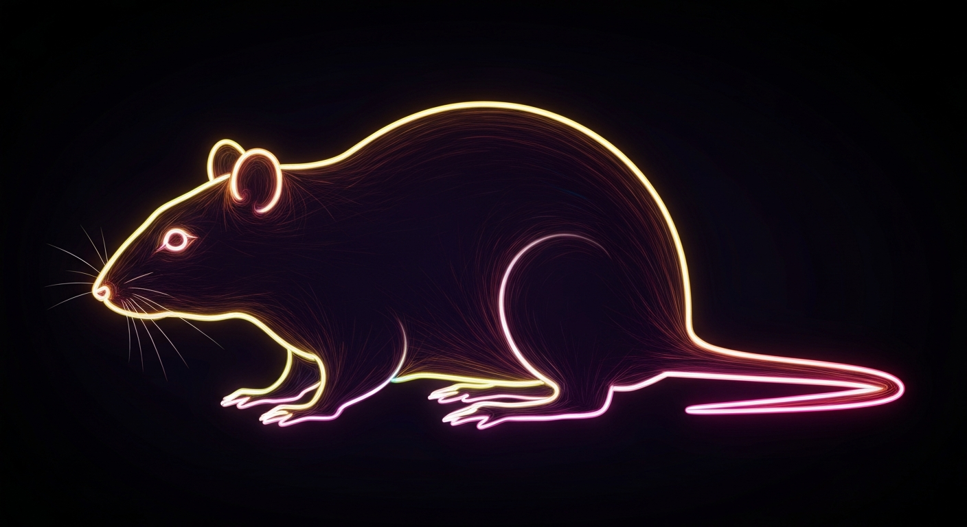 A glowing neon outline of a rat, its body composed of vibrant, pulsing lines against a dark background, conceptually representing DC's efforts to address its persistent rat problem through innovative methods.