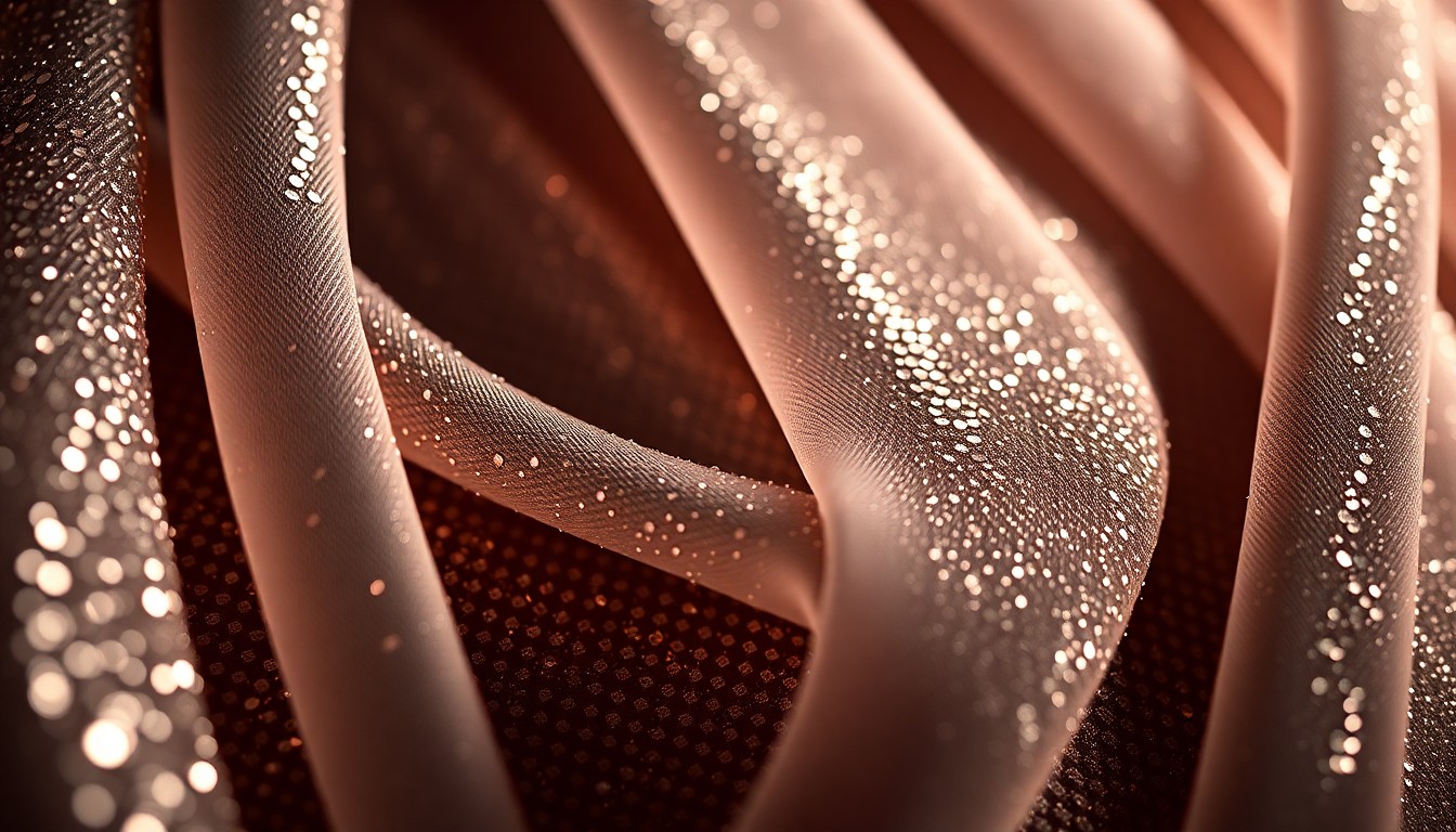 An abstract close-up photograph of luxurious, high-contrast textures like shimmering sequins and plush velvet, conceptually representing the glamour and artifice explored in Diane Arbus' photographic work.