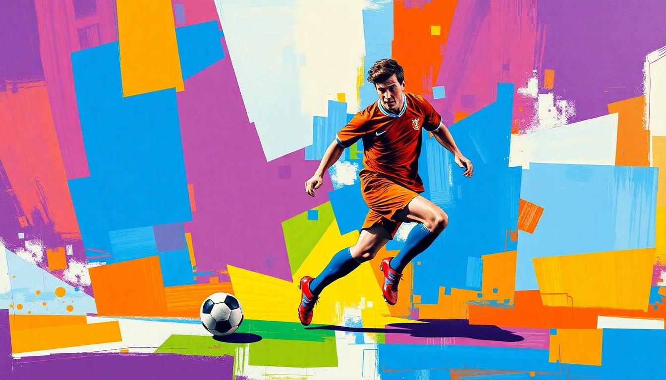 A fragmented, cubist-style painting depicting a soccer player in motion, their body broken down into sharp, angular shapes and planes of vivid color, conveying the dynamic and changing nature of the sport.
