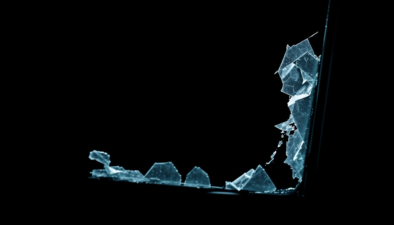 An extreme close-up photograph of a shattered car window frame, the jagged glass edges and twisted metal conceptually representing the violence and destruction of a deadly crash.