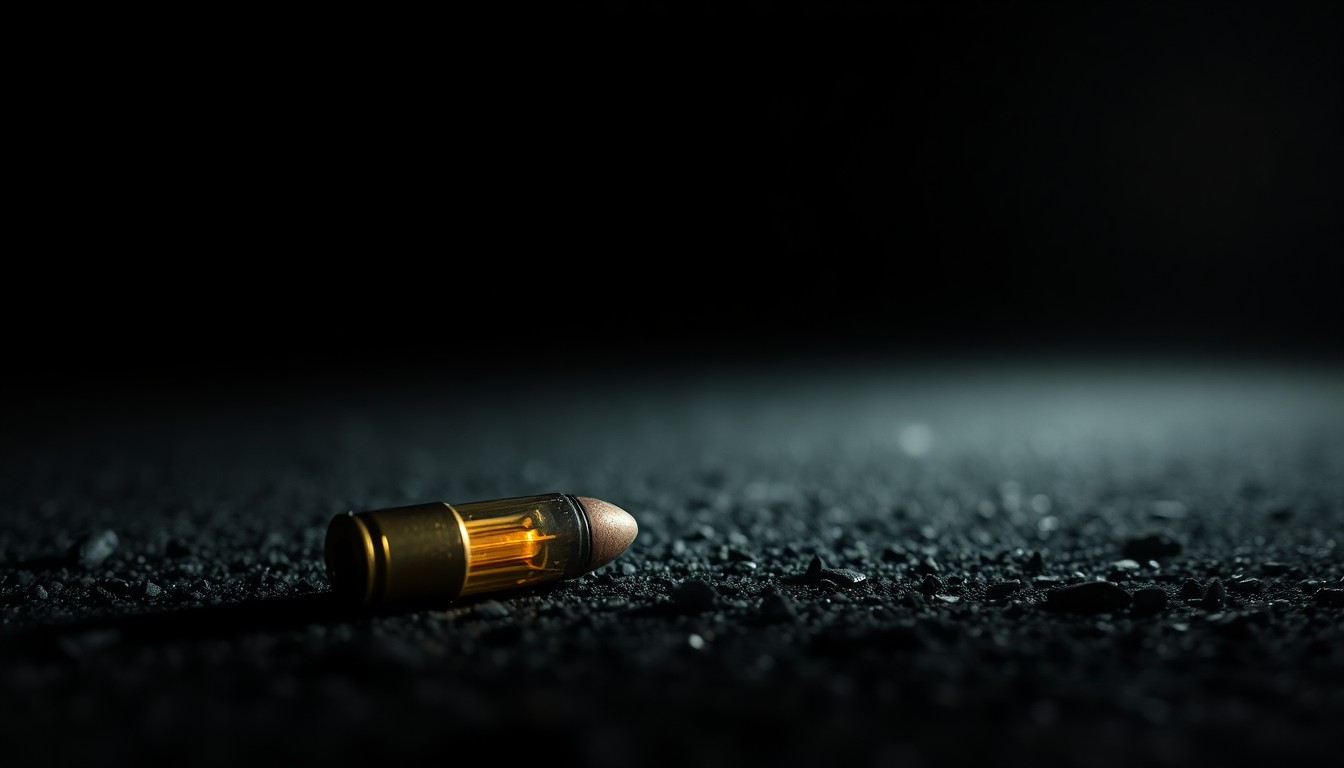 An extreme close-up photograph of a spent bullet casing on asphalt, the harsh lighting and dark background creating a stark, gritty aesthetic that conceptually represents the aftermath of a violent crime.