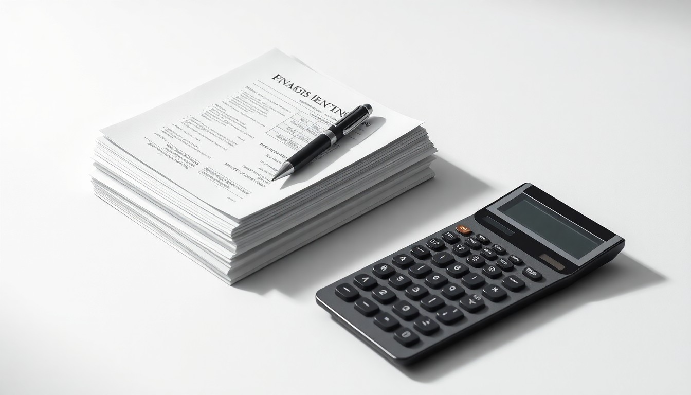 A photorealistic studio still-life photograph featuring a stack of financial documents, a pen, and a calculator arranged elegantly on a clean, white background, conceptually representing the abstract corporate finance and risk at the center of the Navan securities class action.