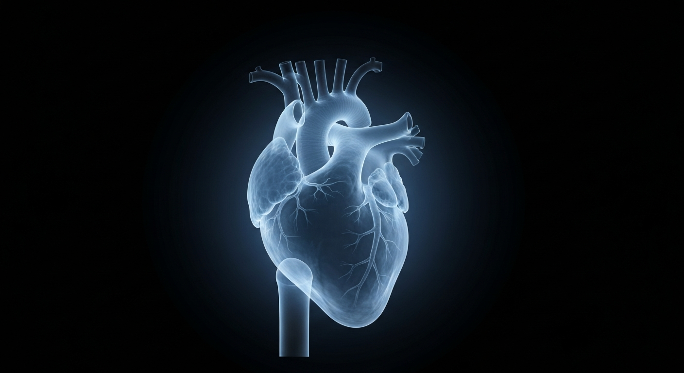 A ghostly, translucent X-ray photograph of a human heart, rendered in shades of blue and grey against a dark background, with a faint glowing aura surrounding the organ to represent the life-sustaining power of healthcare.