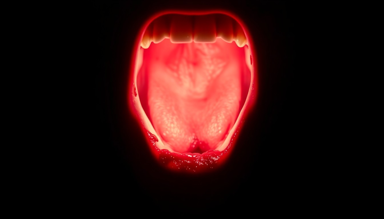 An extreme close-up photograph of a human throat with a large, bloody laceration, lit by a harsh, direct camera flash against a pitch-black background, creating a stark, gritty, investigative aesthetic.