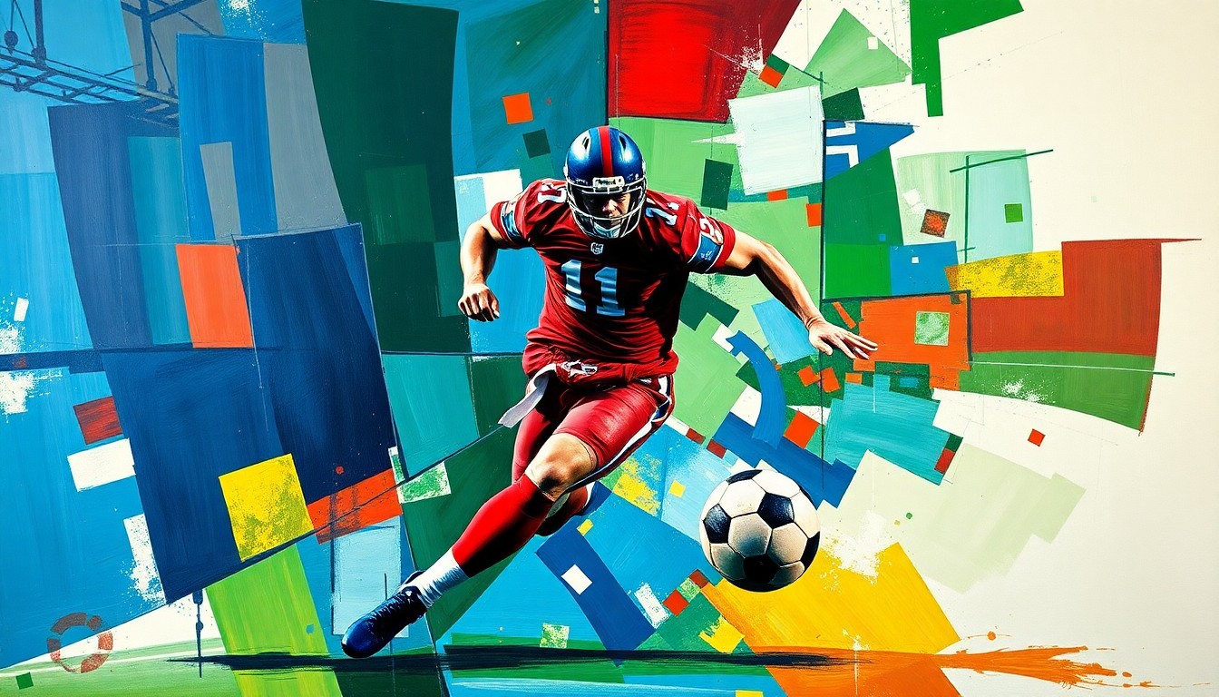 A cubist-style painting depicting a football player in mid-motion, with their body broken down into sharp, overlapping geometric shapes in a palette of deep blues, greens, and reds, conveying a sense of fragmentation and unease.