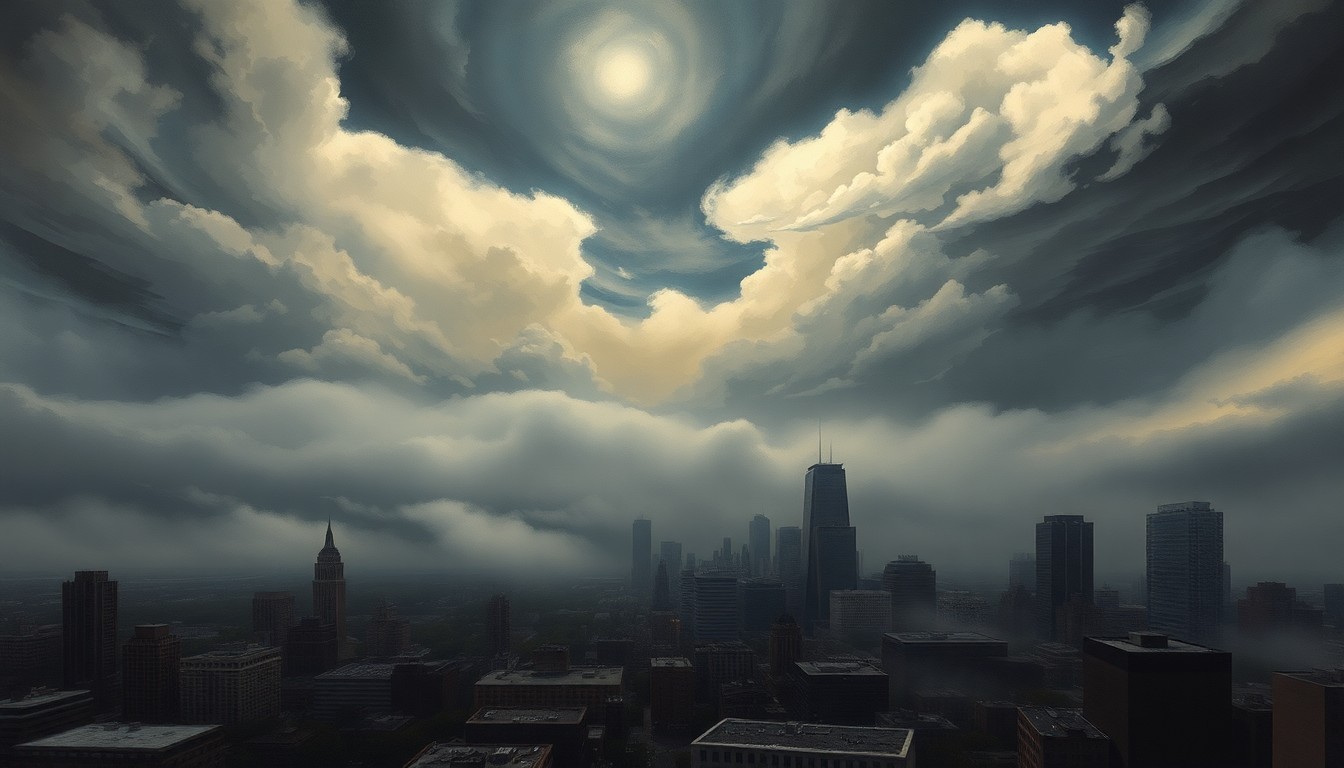 A vast, atmospheric landscape painting depicting a foggy, stormy cityscape with urban structures dwarfed by the overwhelming scale of the natural elements, conveying the sublime power of the region's changing weather.