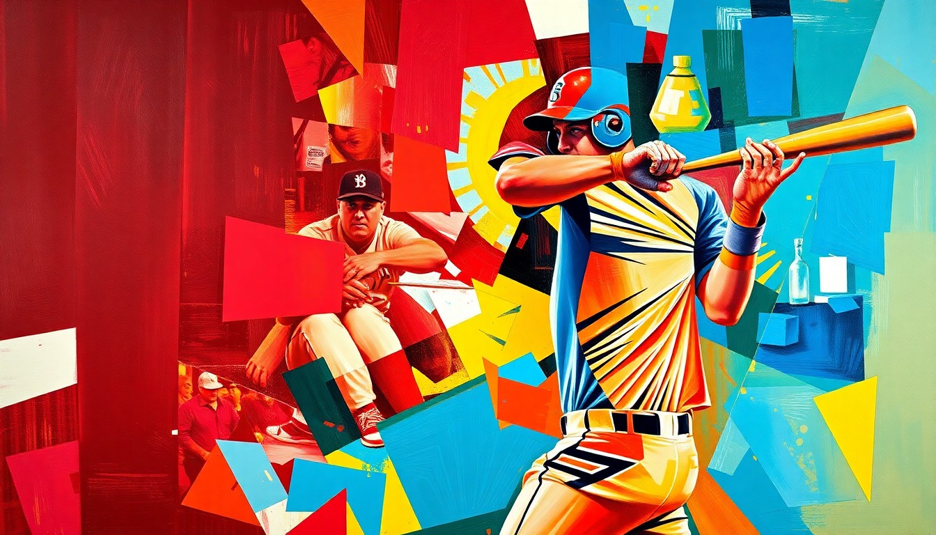 A fragmented, geometric painting depicting a baseball player's swing, with sharp planes of color and overlapping perspectives conveying the explosive power and momentum of the moment.