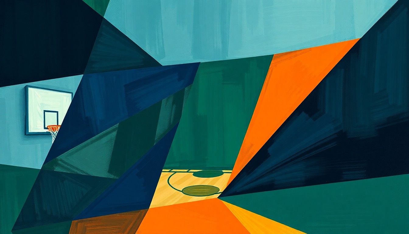 A fractured, cubist-style painting depicting the chaotic state of the Huskies' men's basketball program, with overlapping geometric shapes in muted colors representing the team's struggles and uncertain path forward.