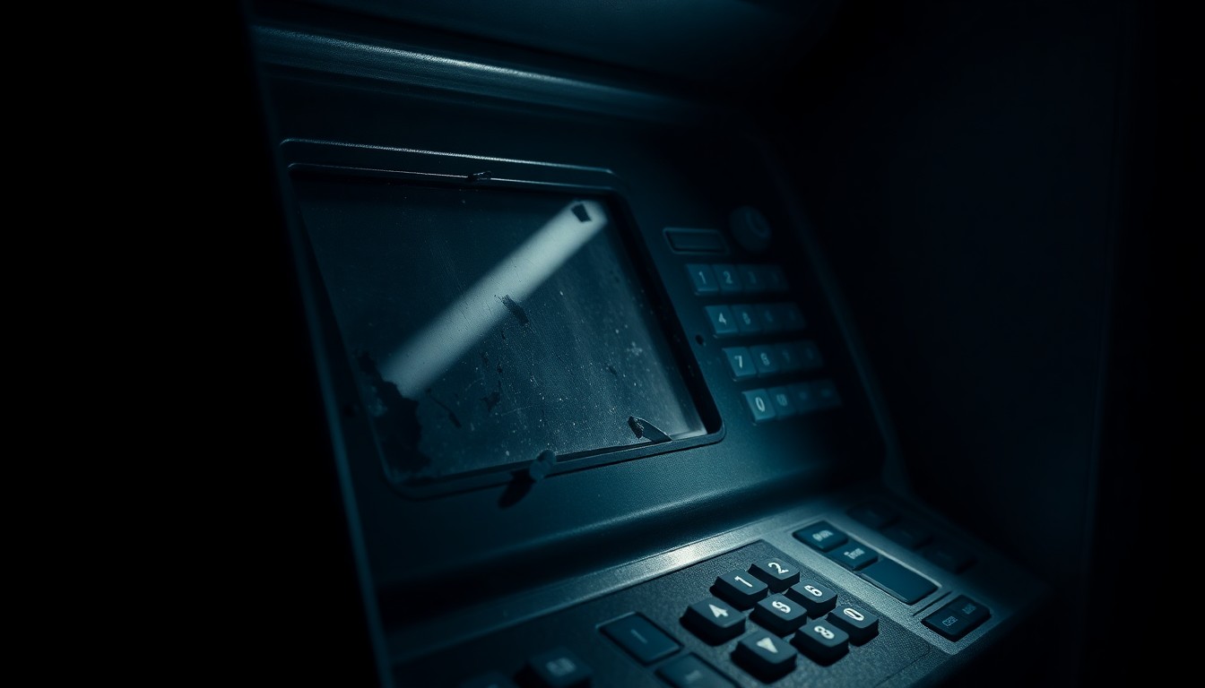 An extreme close-up photograph of a damaged ATM control panel and keypad, lit by a harsh, direct camera flash against a pitch-black background, creating a stark, gritty, investigative aesthetic.