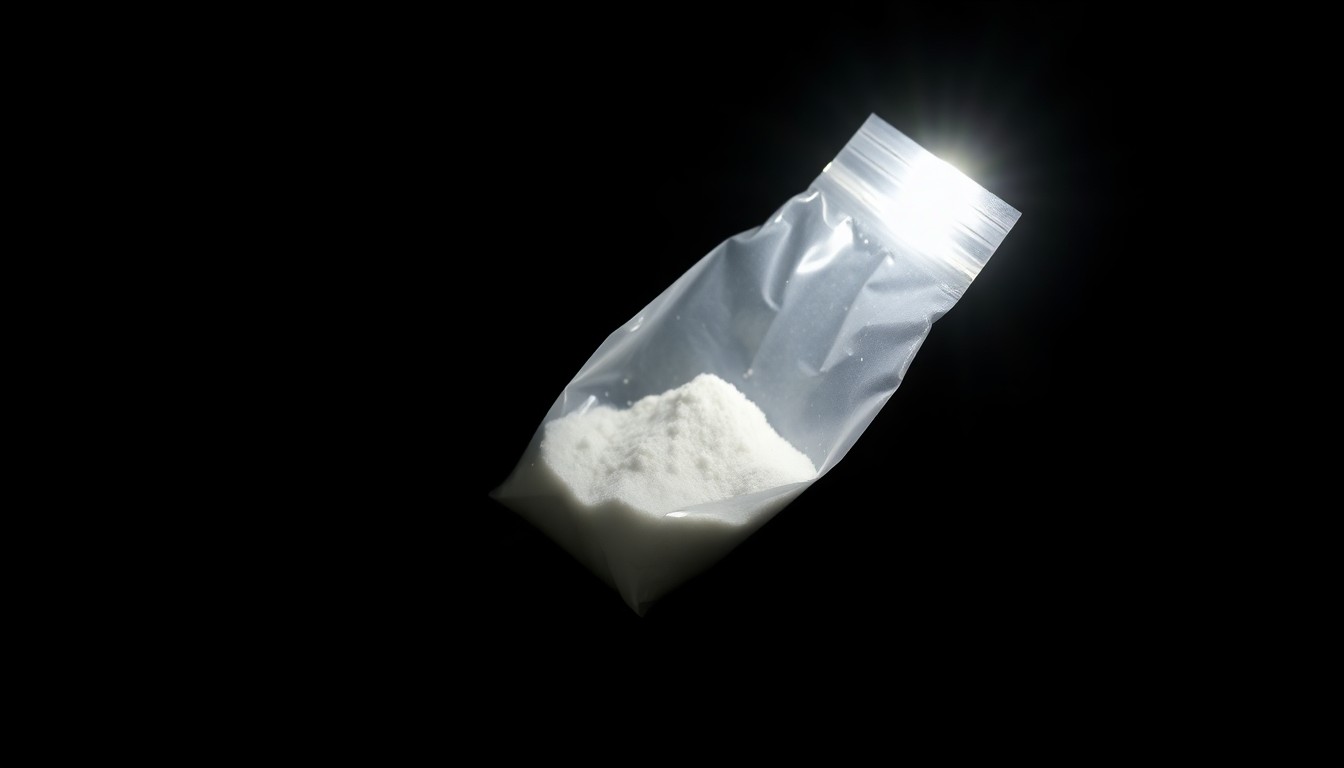 An extreme close-up photograph of a small plastic bag containing white crystalline powder, lit by a harsh, direct camera flash against a pitch-black background, creating a stark, gritty, investigative aesthetic.
