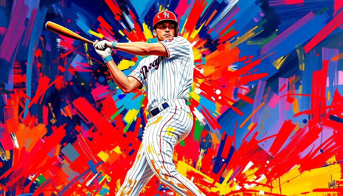 An abstract expressionist painting in neon colors depicting the powerful, explosive motion of Aaron Judge's home run swing, capturing the raw energy and momentum of the moment.