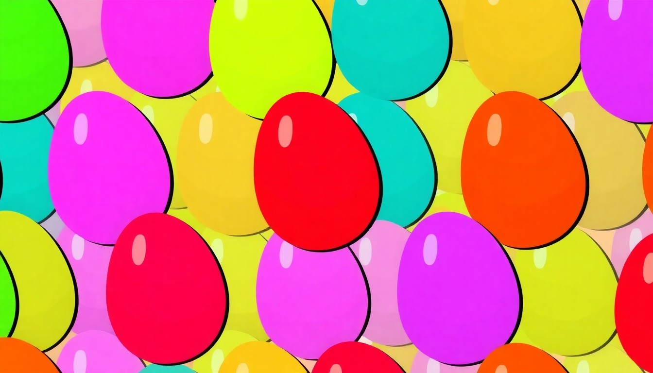 A bold, graphic illustration of colorful Easter eggs arranged in a repeating grid pattern, capturing the festive energy of springtime celebrations.