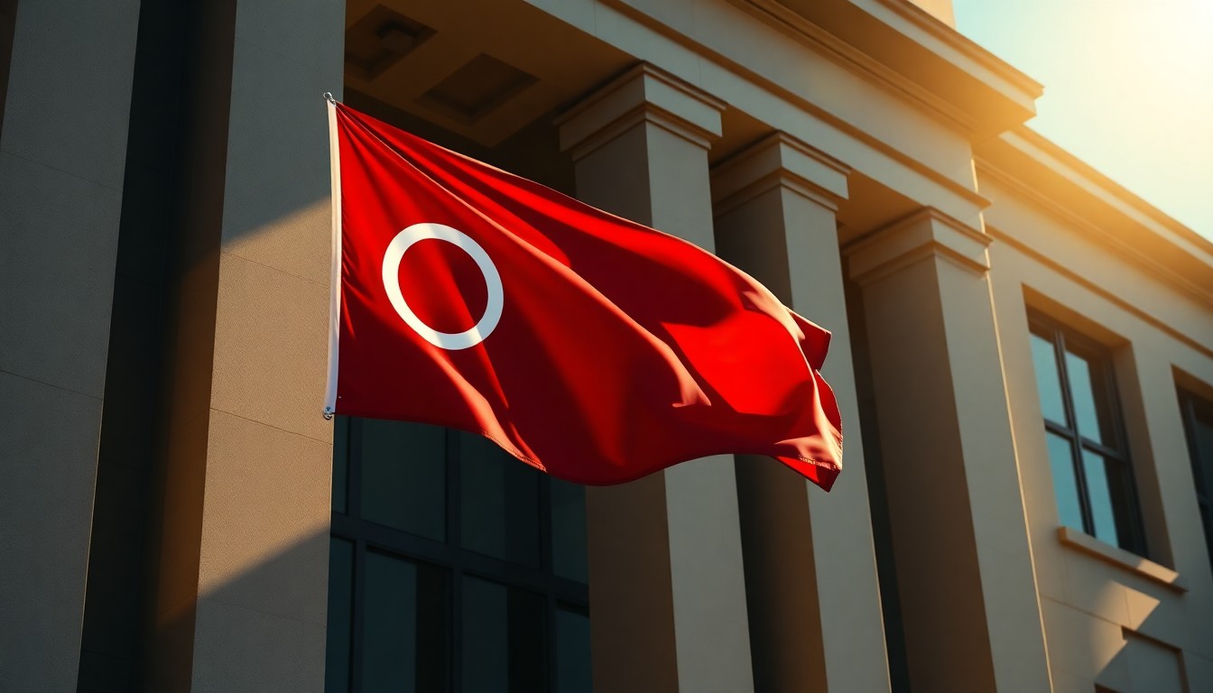 A serene, cinematic painting of an Ohio state flag hanging alone on the facade of a government building, the flag's folds casting deep shadows across the warm, sunlit structure, conveying a sense of quiet anticipation for the upcoming election.