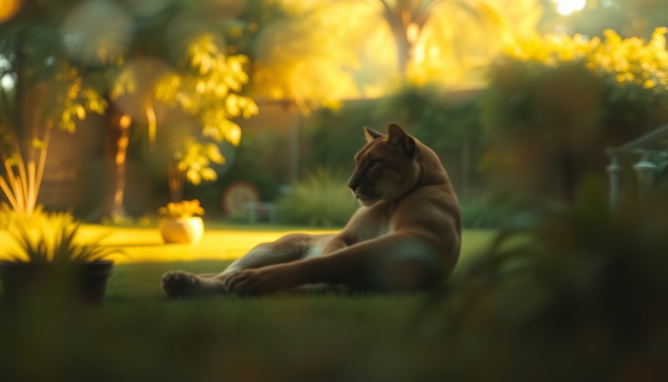 An abstract, impressionistic photograph showing the blurred outline of a mountain lion resting in a lush, overgrown backyard, with soft, warm pools of light and color creating a dreamlike, atmospheric scene.