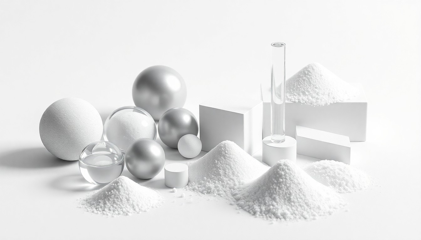 A high-end, photorealistic studio still-life photograph featuring a collection of polished, geometric colloidal silica samples in various forms, arranged elegantly on a clean, monochromatic background to symbolize the precision, purity, and performance of this critical industrial material.