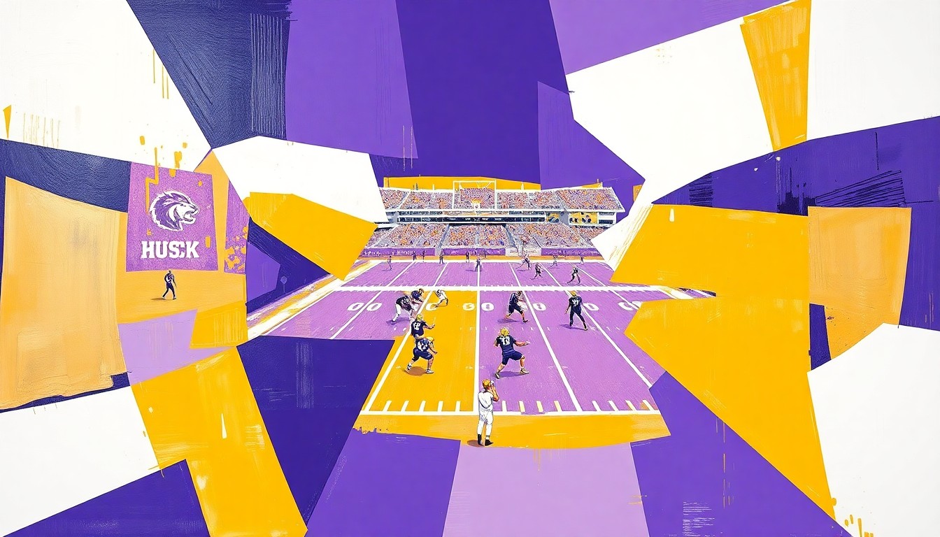 A fractured, geometric painting depicting a Huskies football practice, with players' bodies and equipment broken down into sharp, overlapping planes of purple, gold, and white.