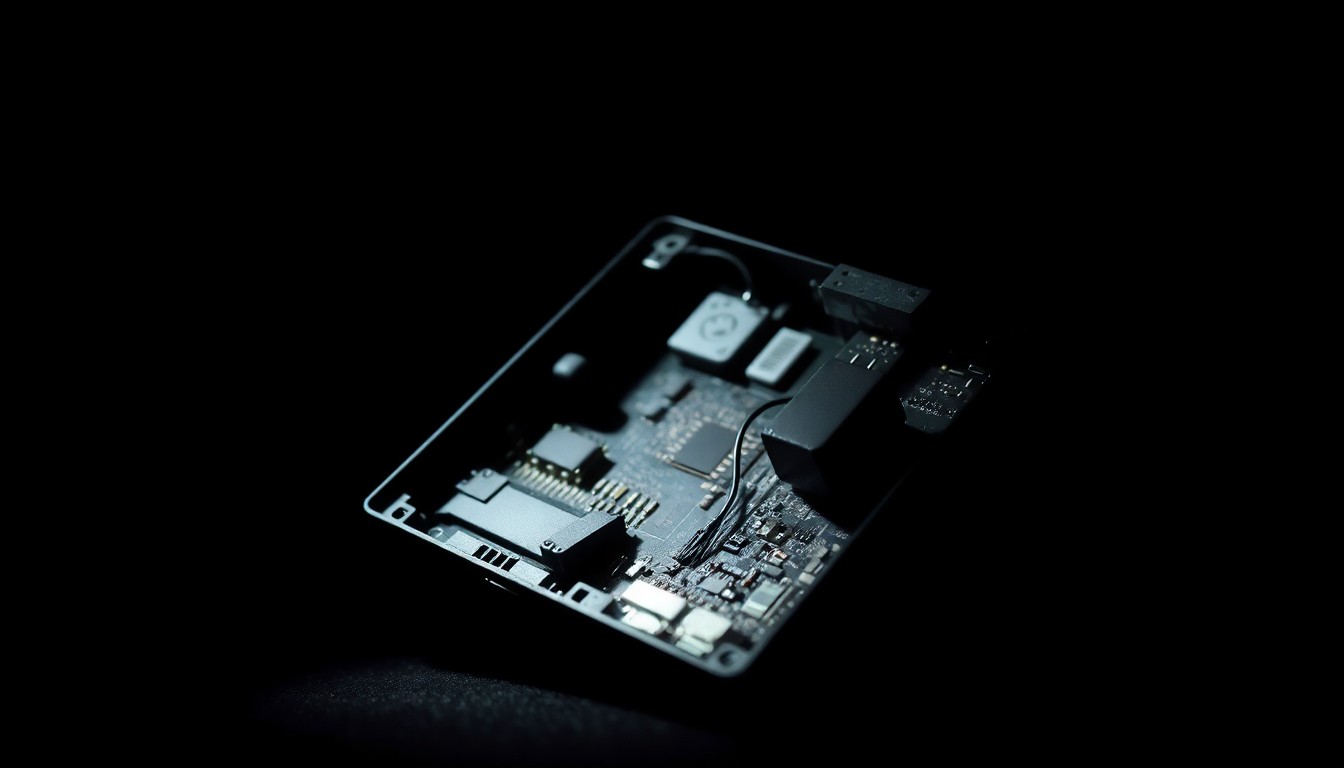 An extreme close-up photograph of a partially disassembled electronic device component, such as a circuit board or wiring, lit by a harsh, direct camera flash against a pitch-black background, conceptually illustrating the investigation into an alleged bomb plot near a military installation.