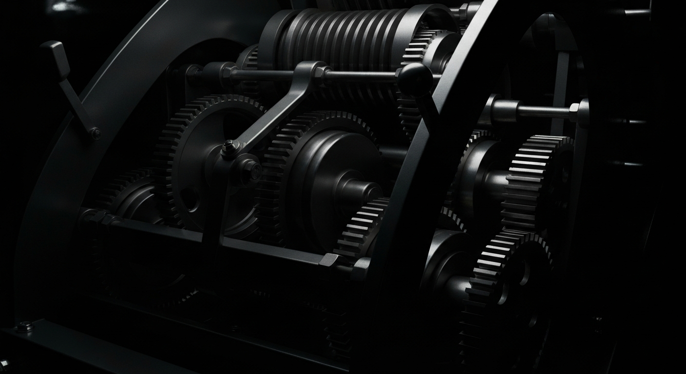 An extreme close-up of the gears, levers, and mechanical components of an industrial tax processing machine, bathed in dramatic shadows and highlights, conceptually representing the complex infrastructure behind tax filing and refunds.