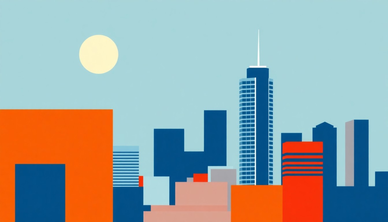 A vibrant abstract illustration featuring overlapping triangles and circles in shades of blue, orange, and green, conceptually representing the rapid economic expansion and growth of the Houston metropolitan area.