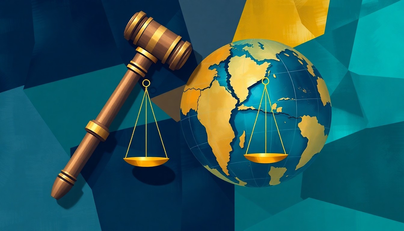 A dynamic, abstract painting featuring overlapping geometric shapes and lines in navy, teal, and gold, representing the fractured nature of political discourse and the need for factual accuracy.