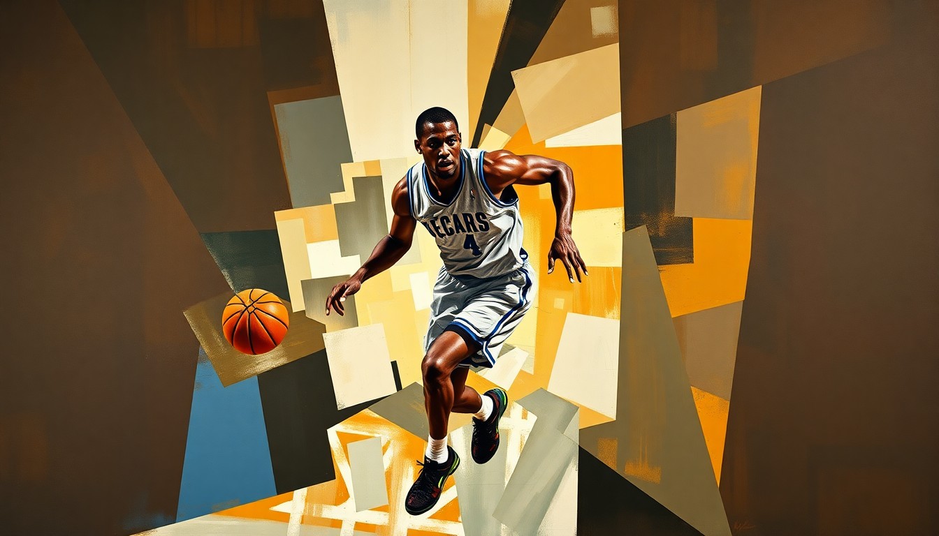 A cubist-style painting depicting a basketball player in motion, with their face and jersey obscured by sharp, overlapping geometric shapes in a dynamic, energetic composition.