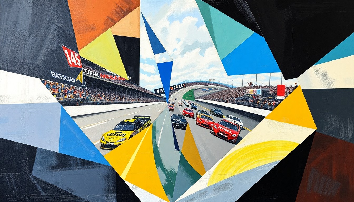 A cubist, geometric painting depicting the chaotic energy of a NASCAR race, with the cars and drivers fragmented into sharp, overlapping shapes and planes of color.
