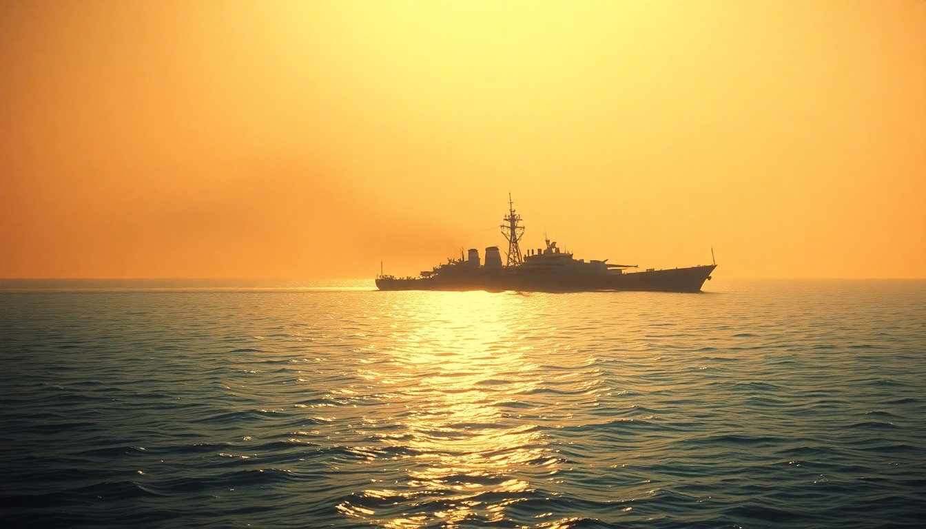 A serene, photorealistic painting of an Iranian naval vessel slowly moving through the Strait of Hormuz, the ship's silhouette reflected in the calm waters and surrounded by warm, golden sunlight and deep shadows, conveying a sense of quiet power and geopolitical tension.